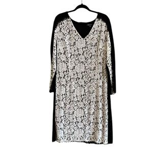 ROAMANS LONG SLEEVE FLORAL LACE COLOR BLOCK DRESS WHITE AND BLACK PLUS SIZE 18W